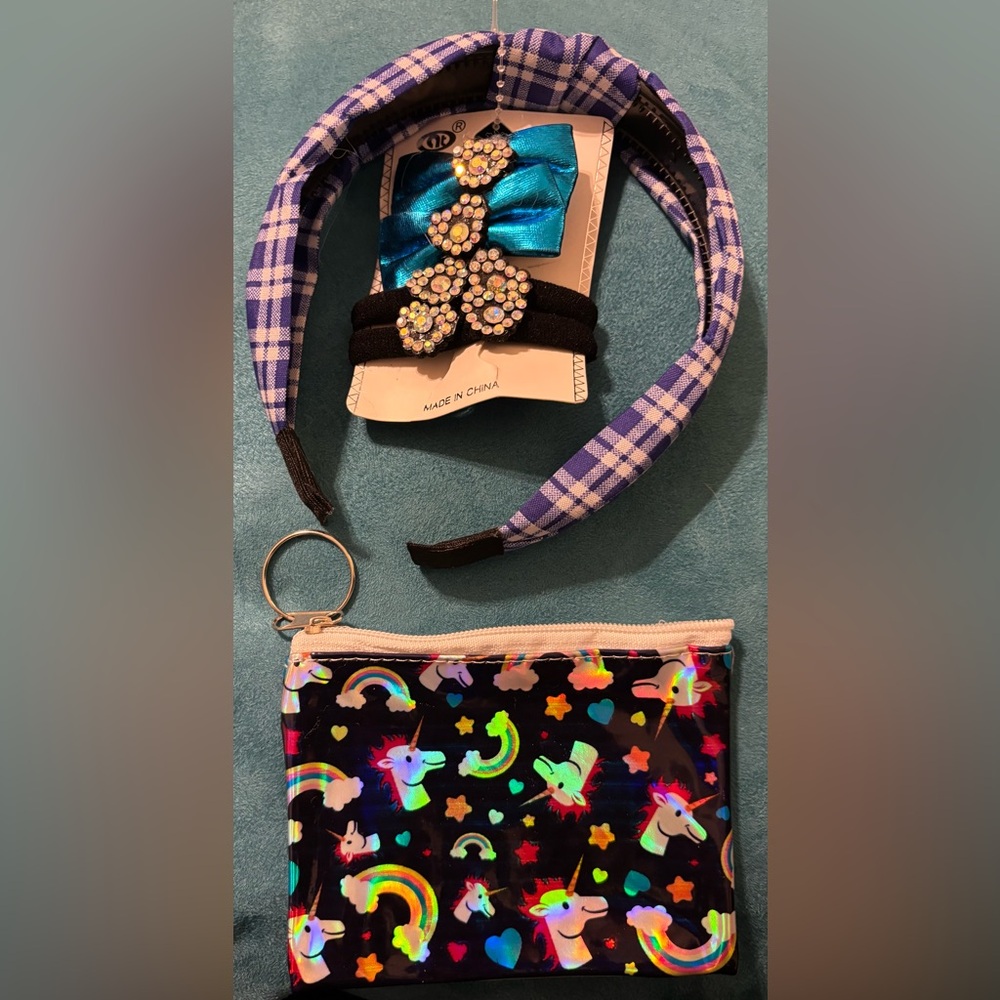 Plaid Headband and Unicorn Pouch Set